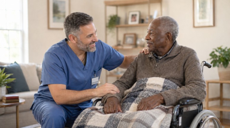 A professional caregiver assists a senior man in a wheelchair, illustrating the benefits of in-home care services in Maryville, TN, for seniors remaining in familiar surroundings.