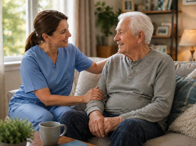 Smiling caregiver sitting on a sofa and comforting an elderly man during a positive conversation, illustrating compassionate, patient-centered home care in Knoxville, TN