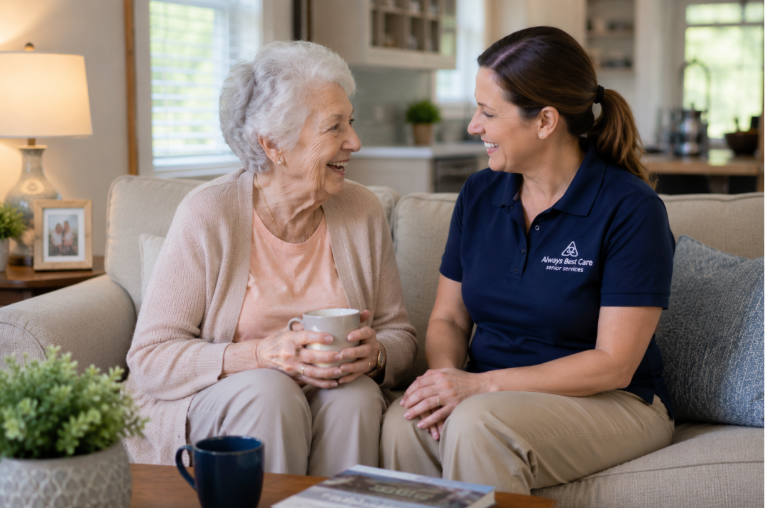 Senior and caregiver enjoying conversation together at home while receiving compassionate home care in Maryville, TN