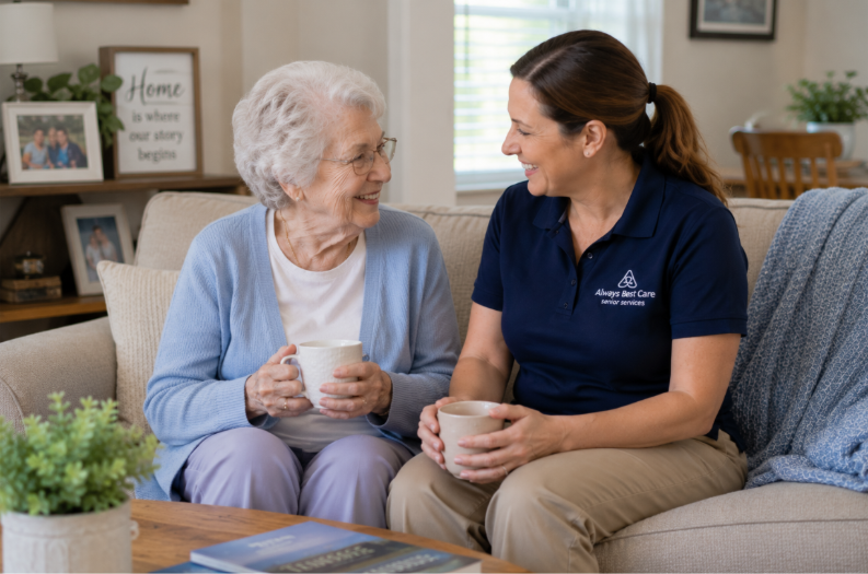Senior and caregiver enjoying companionship at home through compassionate home care in Lenoir City