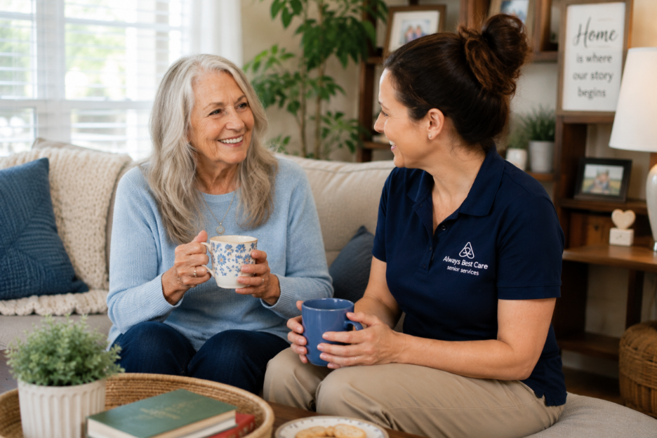 Senior and caregiver enjoying companionship at home through compassionate home care in Seymour, TN