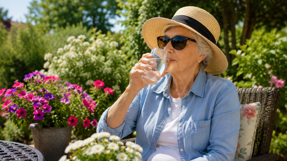 Senior relaxing in a sunny garden while staying hydrated and wearing sunglasses during home care in Knoxville, TN