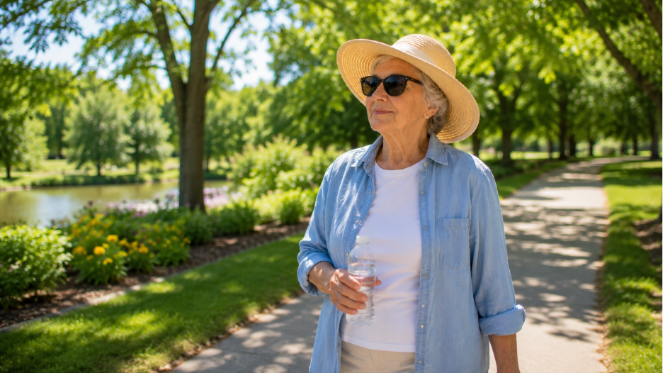 Senior enjoying a sunny park stroll while staying hydrated during home care in Maryville, TN 