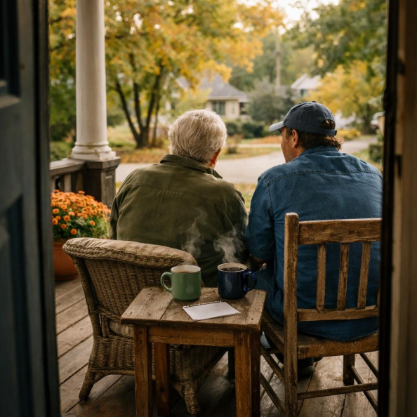Alt text: Older adult and family member at home care Maryville, TN front porch during an afternoon check-in. 