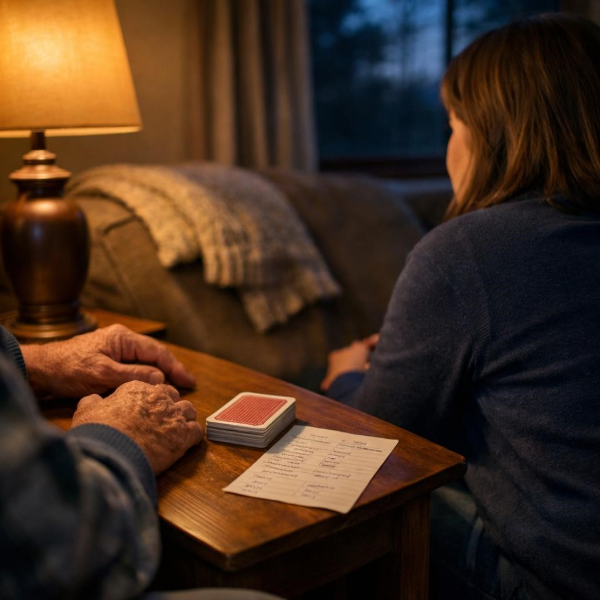 Alt text: Caregiver and senior sharing a quiet evening conversation at home care in Lenoir City 