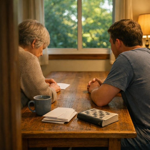 Alt text: Supportive conversation with an older loved one at home care Seymour, TN with unopened mail 