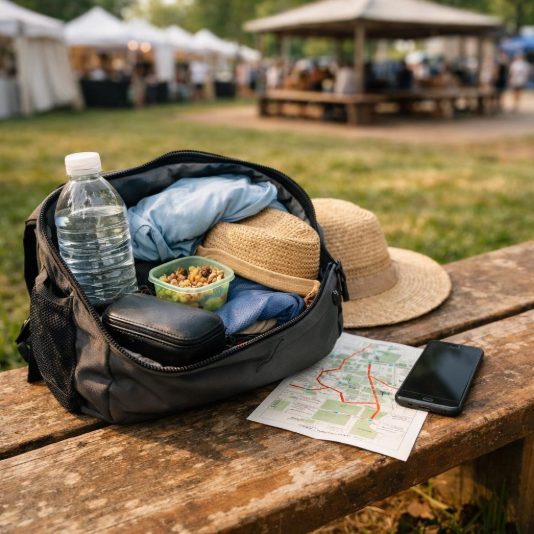 Alt text: Festival day bag with water and route map on a bench at Knoxville festival grounds.