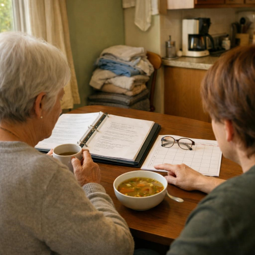 Older woman and companion review treatment notes during home care in Maryville, TN