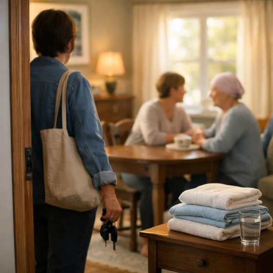 Family caregiver leaves for a planned break while a respite companion stays with an older woman at home care in Lenoir City 