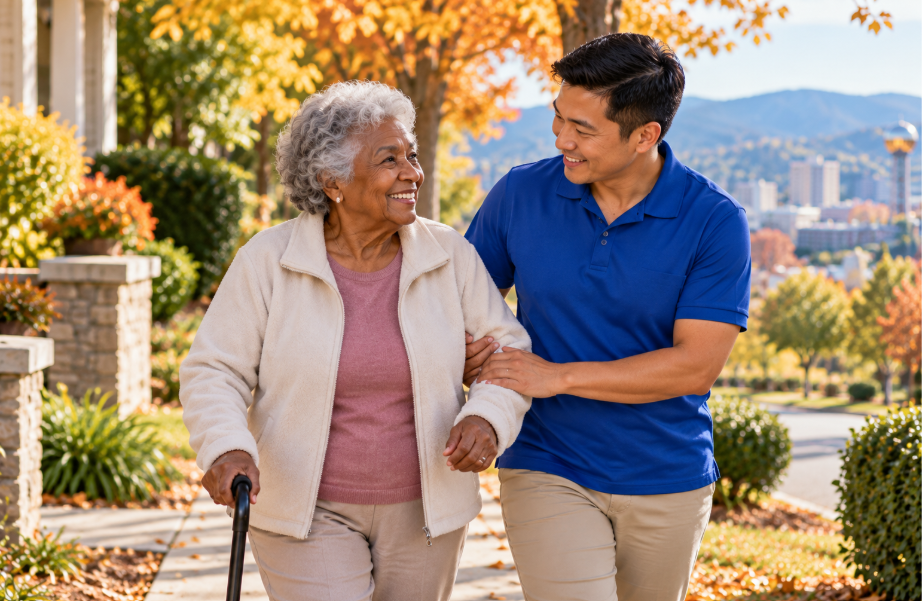 Senior woman walking outdoors with caregiver support in Knoxville, TN.