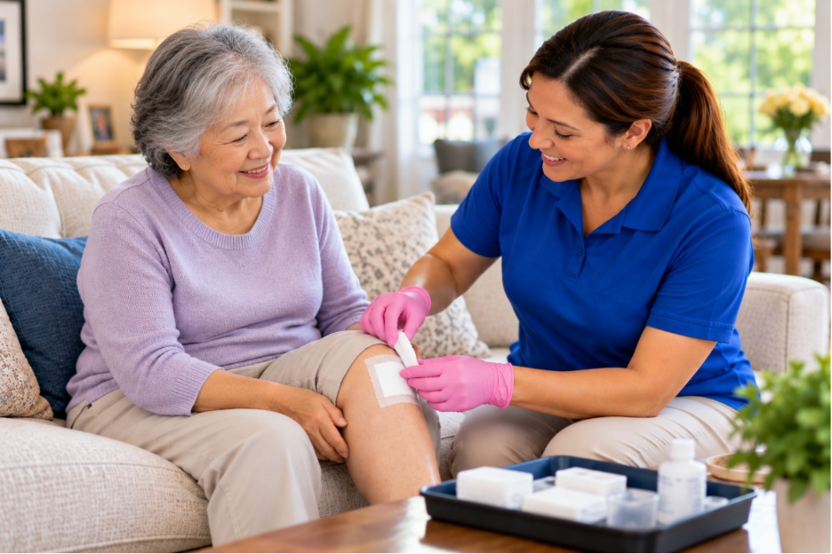 Caregiver changing a knee dressing for an older woman during wound recovery at home in Knoxville, TN.