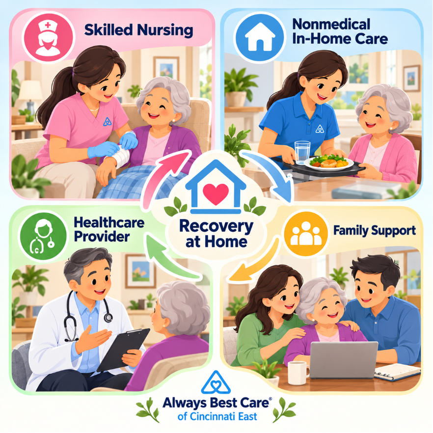 Infographic comparing skilled nursing, nonmedical in-home care, healthcare providers, and family support during senior wound recovery at home
