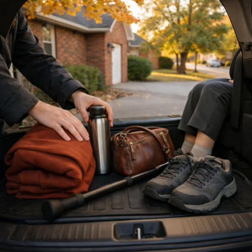 Caregiver packs a cane, coat, water, and handbag for a fall outing in Knoxville