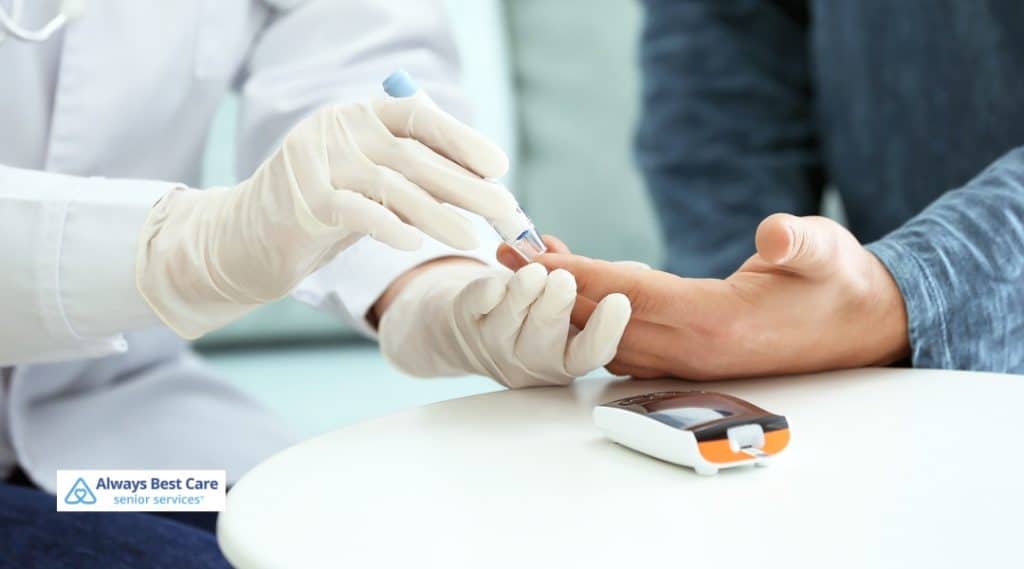 A caregiver applying an insulin injection to a senior patient in a home care setting, supporting diabetes management at home.
