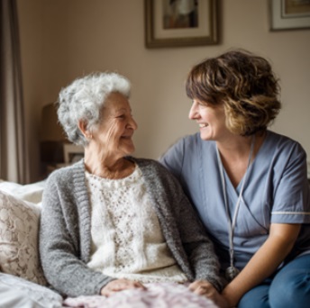 CAREGIVER SITTING BESIDE A SENIOR WOMAN ON HER BED, OFFERING ATTENTIVE COMPANIONSHIP AND SUPPORT, REFLECTING COMPASSIONATE HOME CARE SERVICES IN FITCHBURG, WI FOCUSED ON SAFETY AND COMFORT.