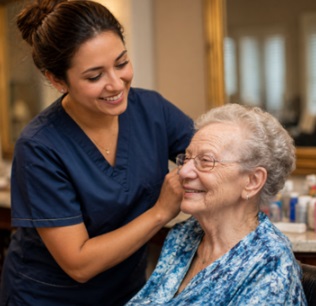 WHY PERSONAL CARE SUPPORT MATTERS IN HOME CARE SERVICES 3 CAREGIVER HELPING A SENIOR WOMAN WITH GROOMING, SHOWING GENTLE PERSONAL CARE SUPPORT IN MADISON, WI.