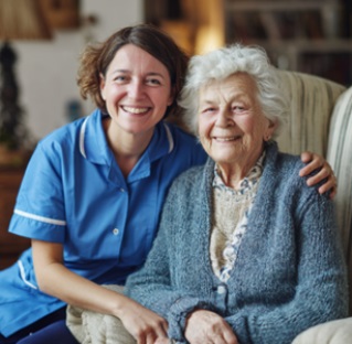 CAREGIVER AND SENIOR WOMAN SMILING TOGETHER AT HOME, SHOWING COMPANIONSHIP AND SUPPORTIVE CARE IN FITCHBURG, WI.