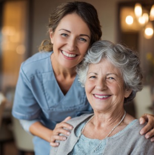 CAREGIVER SMILING BESIDE A SENIOR WOMAN, SHOWING SUPPORTIVE AND COMPASSIONATE HOME CARE IN VERONA, WI.