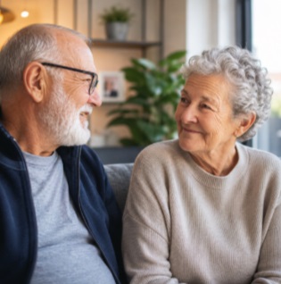 SENIOR COUPLE SHARING A MEANINGFUL CONVERSATION AT HOME WHILE SUPPORTING EMOTIONAL WELLNESS IN MADISON, WI.