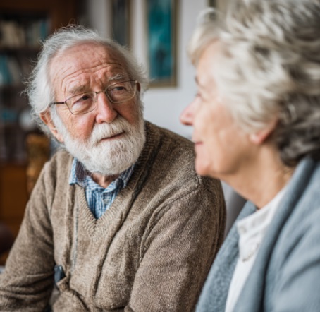 EARLY SIGNS OF ALZHEIMER’S IN OLDER ADULTS 3 SENIOR MAN SPEAKING WITH ELDERLY WOMAN AT HOME WHILE DISCUSSING EARLY ALZHEIMER’S SYMPTOMS AND SUPPORT IN MADISON, WI.