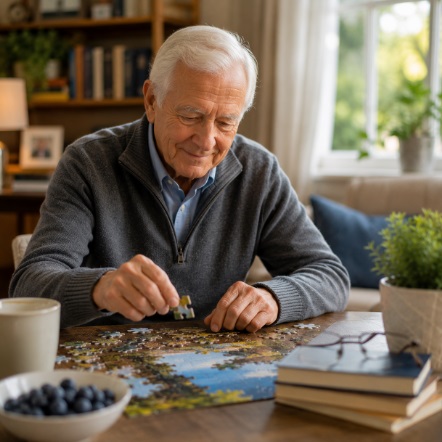 SENIOR MAN WORKING ON A PUZZLE AT HOME TO SUPPORT BRAIN HEALTH AND COGNITIVE WELLNESS IN FITCHBURG, WI.