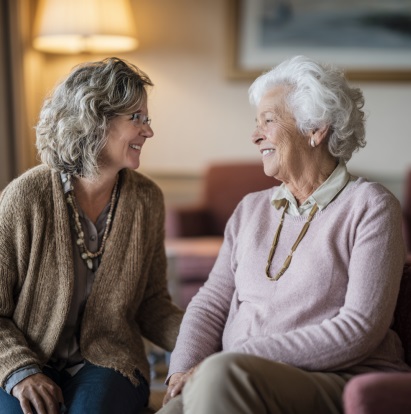 CAREGIVER SITTING AND SMILING WITH AN ELDERLY WOMAN WHILE PROVIDING COMPASSIONATE DEMENTIA CARE SUPPORT IN MADISON, WI. 