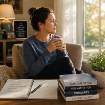 PREVENTING CAREGIVER BURNOUT IN MADISON 3 CAREGIVER RELAXING WITH A CUP OF COFFEE WHILE PRACTICING SELF-CARE TECHNIQUES AT HOME, SUPPORTING CAREGIVER WELLNESS THROUGH HOME CARE SERVICES IN MADISON, WI.