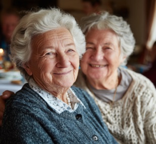 WHEN FAMILIES NEED EXTRA SUPPORT AT HOME 3 TWO SMILING SENIOR WOMEN ENJOYING COMPANIONSHIP AND SUPPORTIVE CARE IN FITCHBURG, WI.