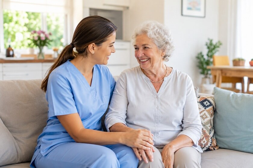 PROFESSIONAL HOME CARE SERVICES IN MADISON, WI - PERSONALIZED CARE FOR SENIORS 1 A COMPASSIONATE CAREGIVER SITTING WITH A SMILING SENIOR WOMAN IN MADISON, WI