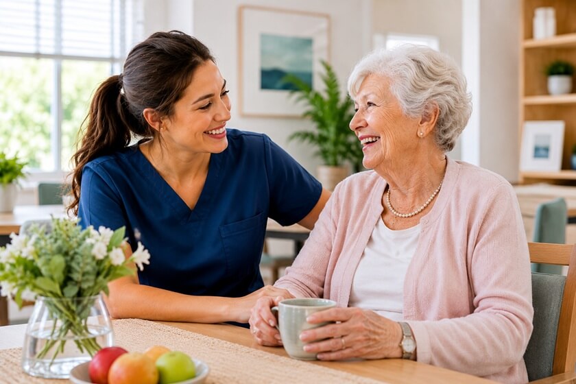 A COMPASSIONATE CAREGIVER CONVERSING WITH AN OLD LADY IN FITCHBURG, WI