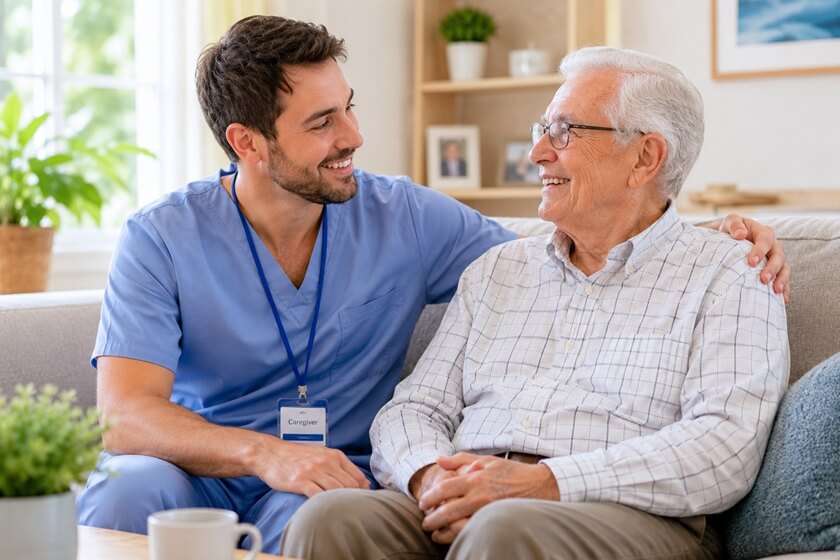 A COOL CAREGIVER SUPPORTING AN ELDERLY MAN IN VERONA, WI