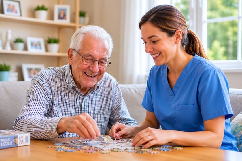 PROFESSIONAL HOME CARE SERVICES IN MADISON, WI - PERSONALIZED CARE FOR SENIORS 5 A SENIOR MAN SMILING WHILE A CAREGIVER ASSISTS HIM WITH A LIGHT ACTIVITY AT HIS MADISON HOME