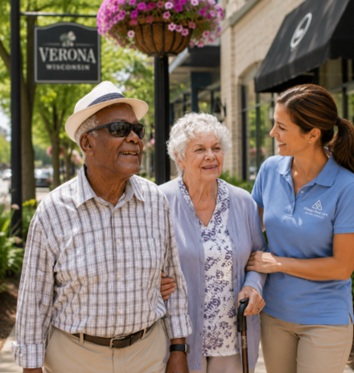 CAREGIVER ACCOMPANYING TWO OLDER ADULTS DURING A SAFE OUTDOOR WALK IN VERONA, WI.