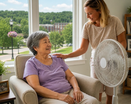 CAREGIVER HELPING A SENIOR STAY COOL WITH A FAN DURING HOT WEATHER IN FITCHBURG, WI.