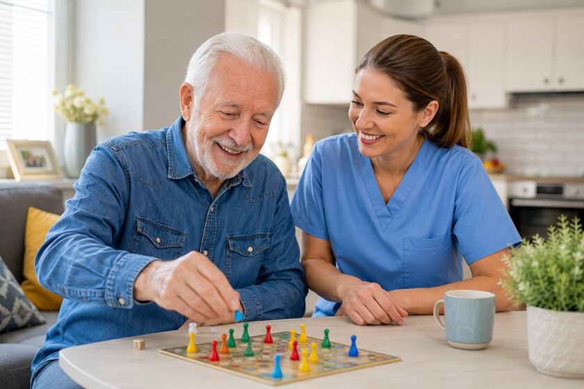 A SENIOR MAN PLAYING COMFORTABLY AT HOME WITH A CAREGIVER IN FITCHBURG, WI