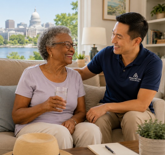 CAREGIVER OFFERING REASSURANCE AND CONVERSATION TO A SENIOR AT HOME DURING SUMMER IN MADISON, WI.