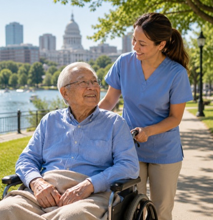 FEMALE CAREGIVER ASSISTING AN ELDERLY MALE PATIENT IN A WHEELCHAIR DURING A SUMMER OUTING IN MADISON, WI.