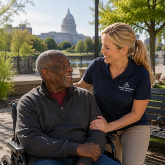 CAREGIVER ASSISTING SENIOR OUTDOORS WITH SUPPORT IN MADISON, WI.