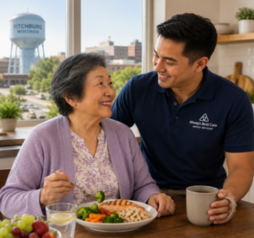 CAREGIVER SHARING A MEAL WITH SENIOR AT HOME IN FITCHBURG, WI.