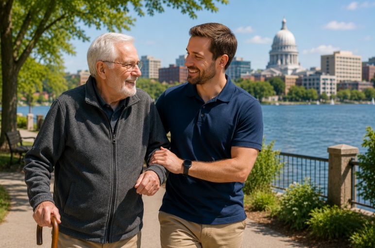 Male caregiver supports a senior man with a cane during a waterfront walk in Madison, WI.