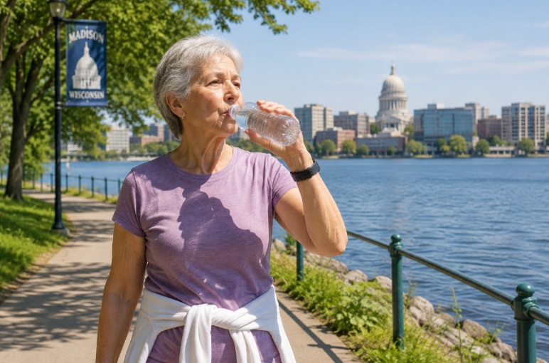 Senior woman drinks bottled water during a routine walk along the waterfront in Madison, WI.