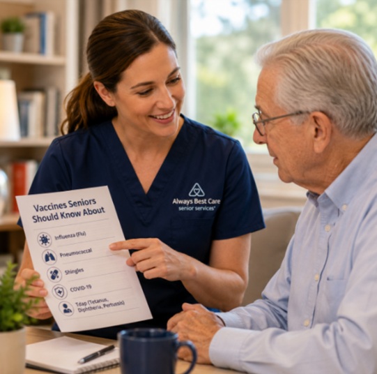 VACCINES SENIORS SHOULD KNOW ABOUT 3 CAREGIVER DISCUSSING VACCINES WITH SENIOR AT HOME IN MADISON, WI.