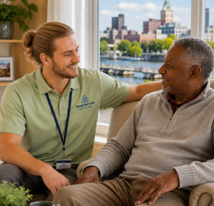 Male caregiver providing companionship and emotional support to a senior man at home in Fitchburg, WI.