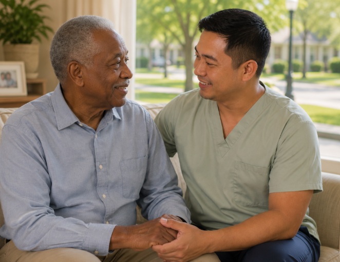 MALE CAREGIVER PROVIDING EMOTIONAL SUPPORT TO A SENIOR MAN AT HOME IN VERONA, WI.
