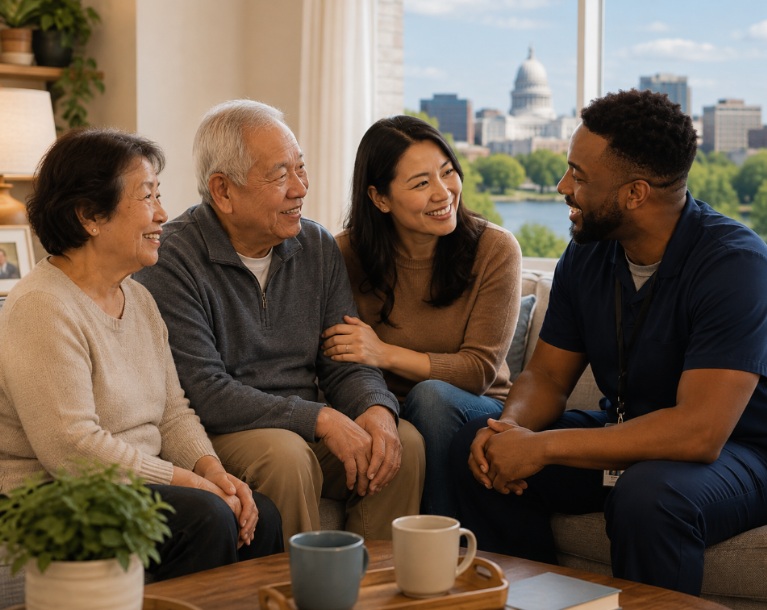 Caregiver providing companionship to senior couple with their daughter at home in Madison, WI.