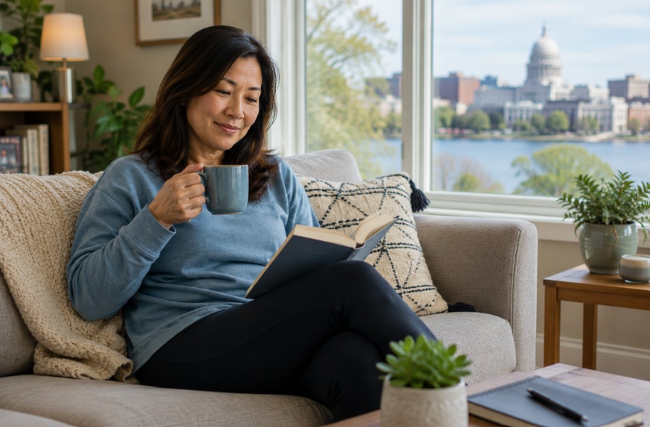 Family caregiver practicing self-care while relaxing at home in Madison, WI.