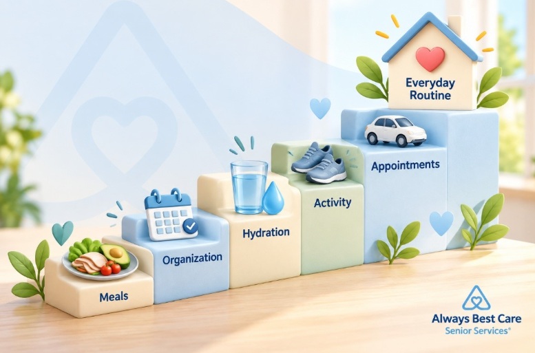ILLUSTRATED BUILDING BLOCKS REPRESENTING EVERYDAY ROUTINE SUPPORT FOR OLDER ADULTS IN MADISON, WI.