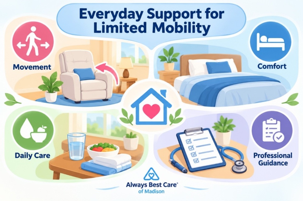 CARTOON INFOGRAPHIC ILLUSTRATING MOVEMENT, COMFORT, DAILY CARE, AND PROFESSIONAL GUIDANCE FOR SENIORS WITH LIMITED MOBILITY IN MADISON, WI.