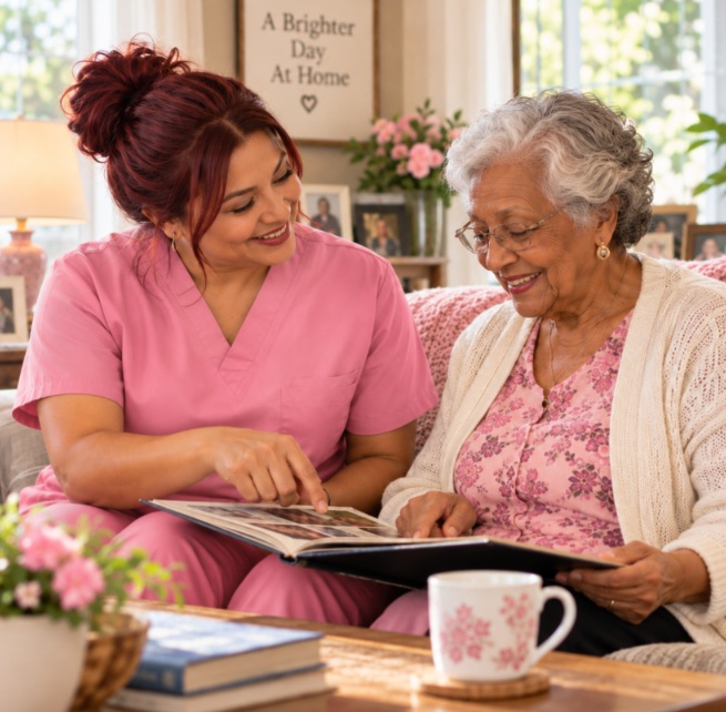 CAREGIVER SHARING A PHOTO ALBUM WITH AN OLDER WOMAN IN MADISON, WI.