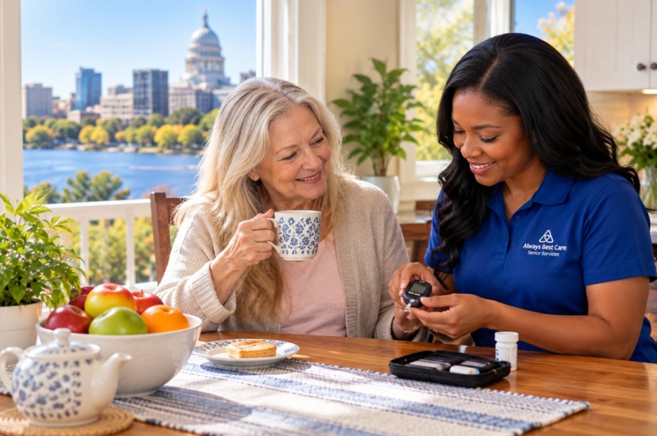 Caregiver reviewing a glucose meter while a senior woman enjoys tea at home in Madison, WI.